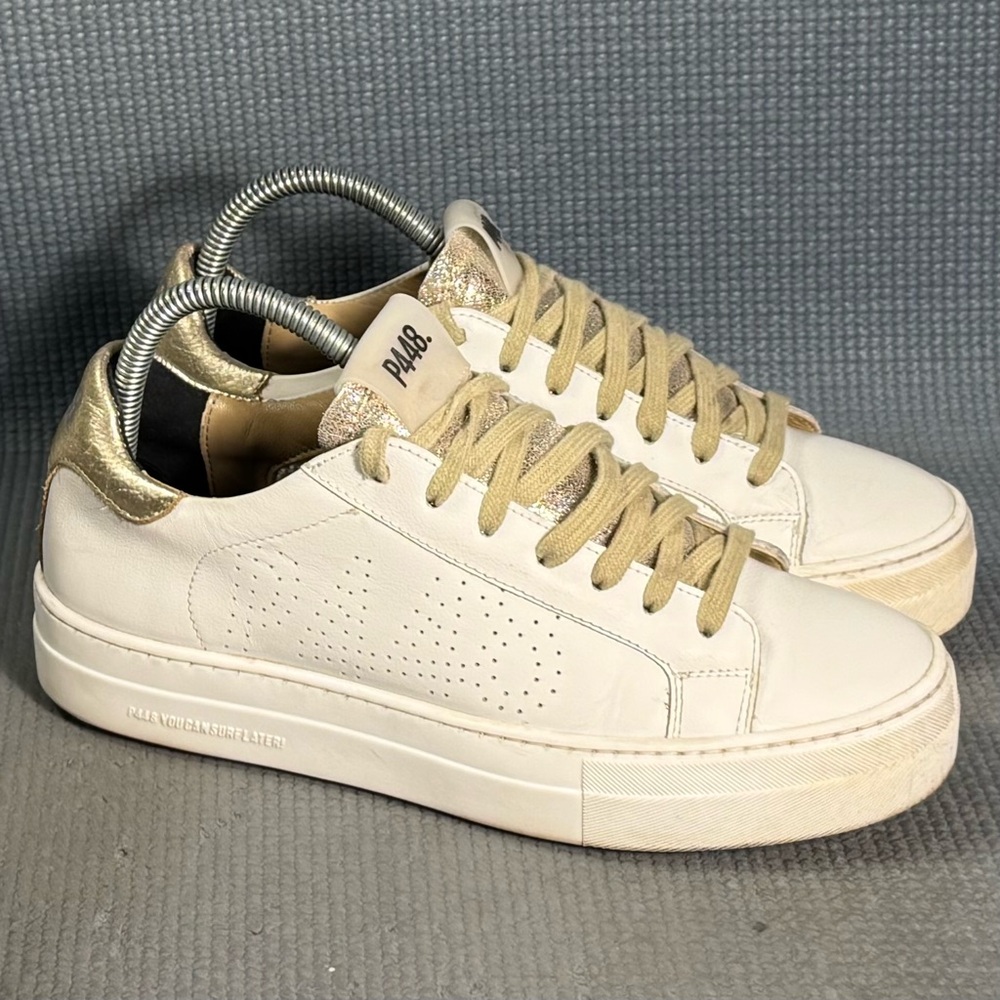 P448 White Sneakers with Metallic Gold Heel and Tongue - Picture 2 of 10
